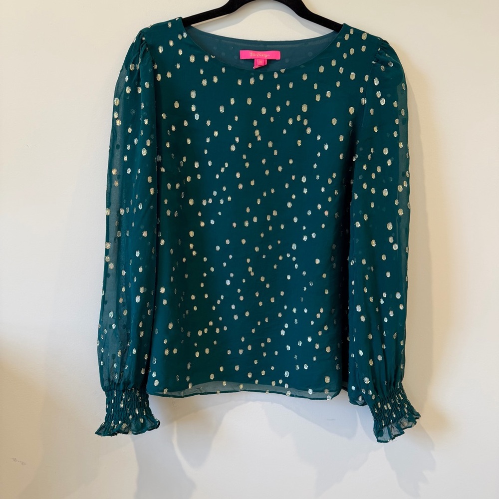 Lilly Pulitzer 100% Silk Teal Blouse with Gold Dot Print Size M